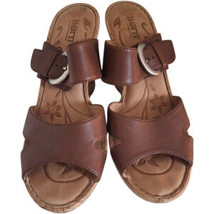 BORN‎ Brown Leather Cork Wedge Sandals size 9